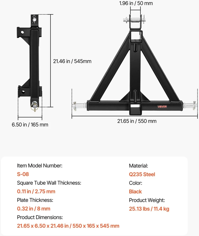 VEVOR Trijų taškų kablį 50.8 mm imtuvu