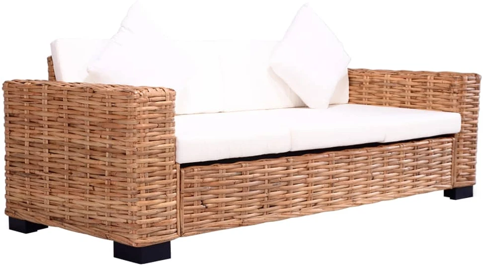Trivietė sodo sofa, natūralus ratanas