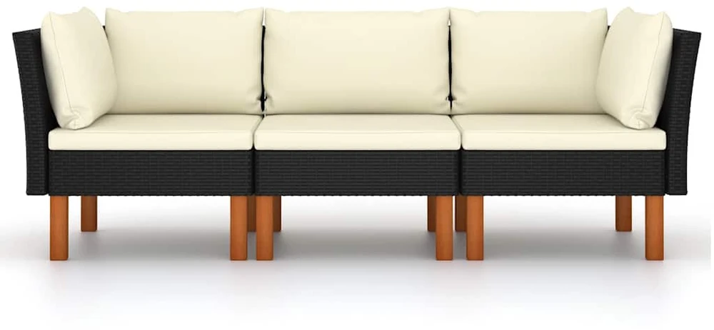 Trivietė sodo sofa su pagalvėlėmis, juodos spalvos, poliratanas