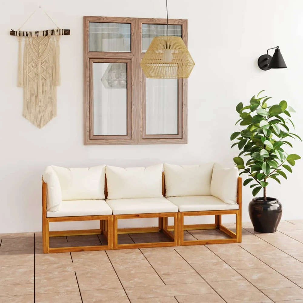 Trivietė sodo sofa su pagalvėlėmis, kreminė, akacijos masyvas