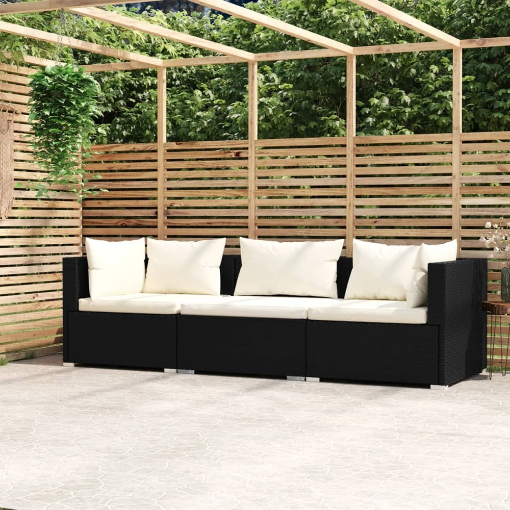 Trivietė sofa su pagalvėlėmis, juodos spalvos, poliratanas