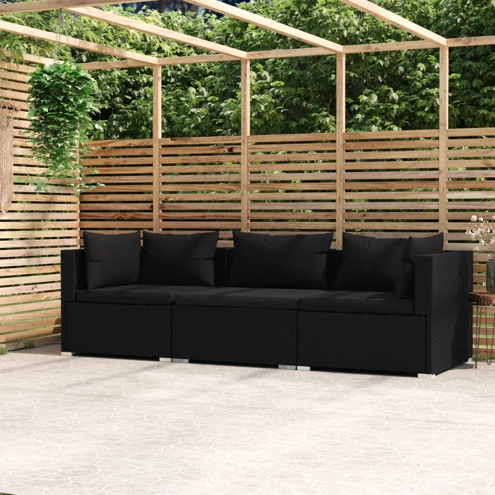 Trivietė sofa su pagalvėlėmis, juodos spalvos, poliratanas