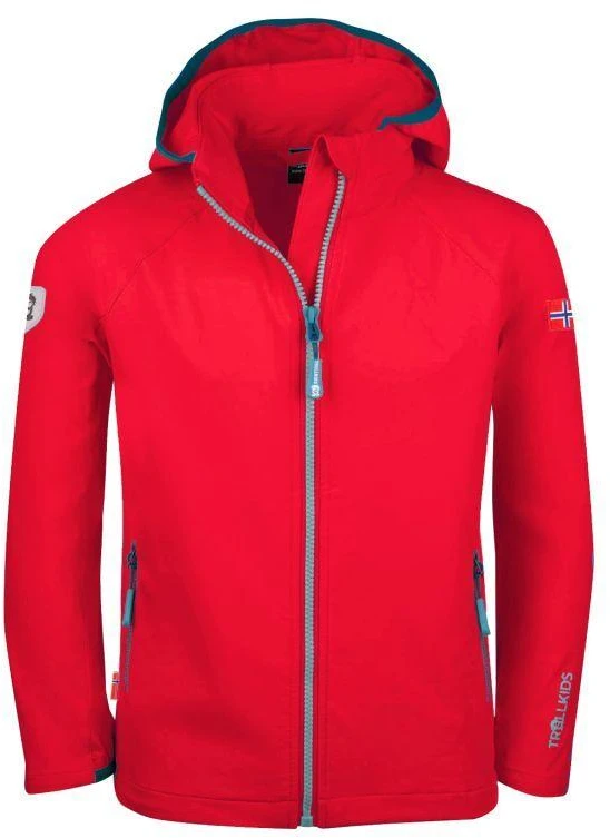 Trollkids Kvalvika vaikiška striukė – raudona softshell striukė su gobtuvu berniukams/mergaitėms (328-414)