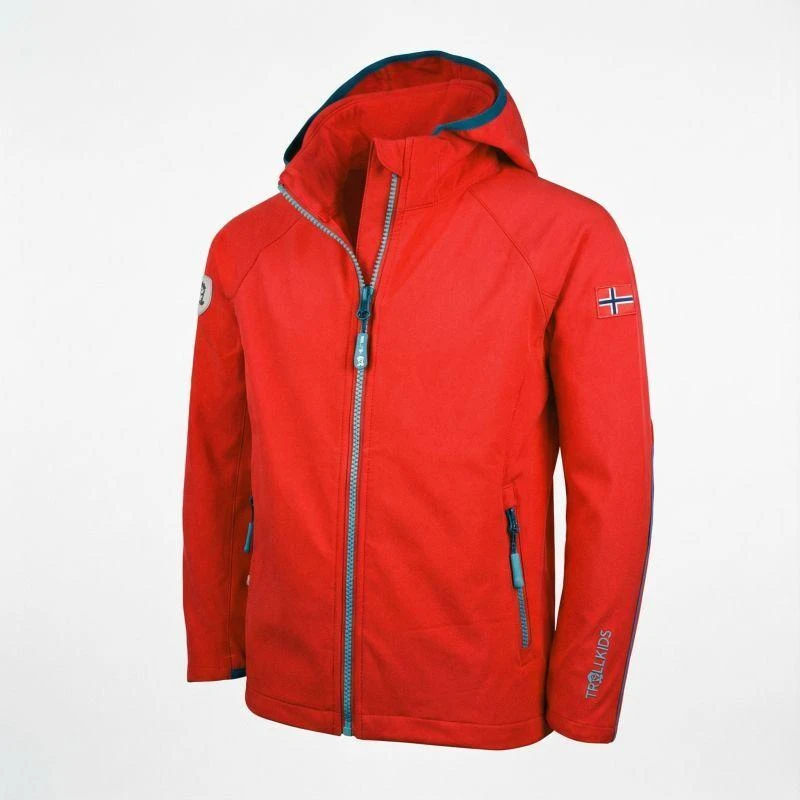 Trollkids Kvalvika vaikiška striukė – raudona softshell striukė su gobtuvu berniukams/mergaitėms (328-414)