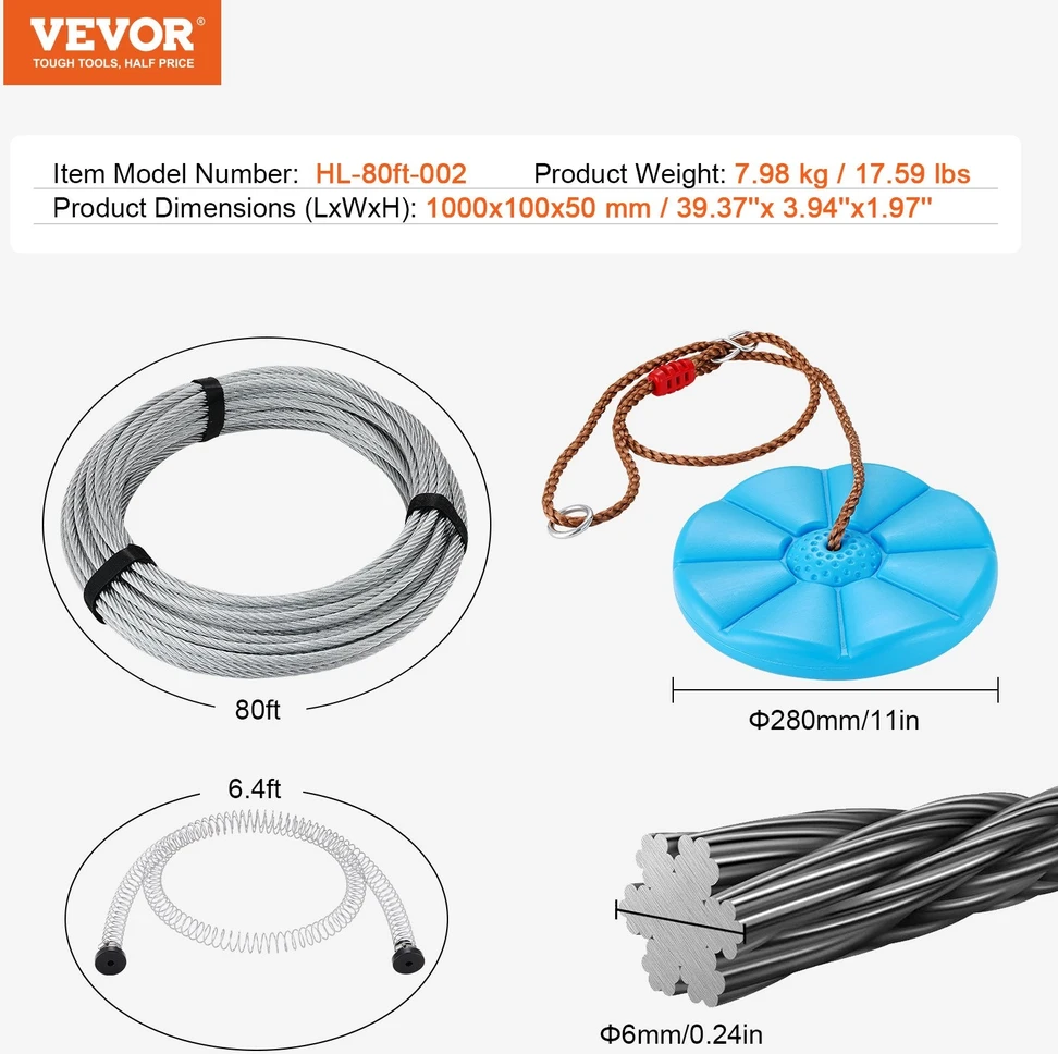VEVOR Zipline rinkinys vaikams ir suaugusiems 24 m