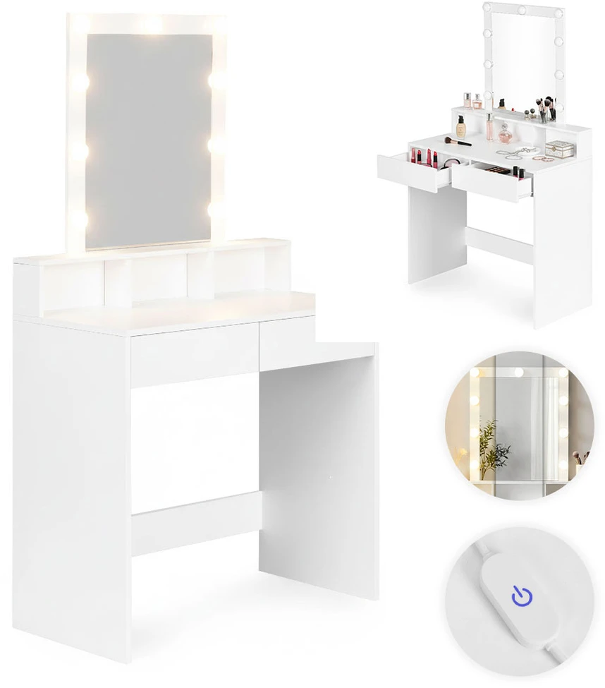 Kosmetinis staliukas su veidrodžiu ir LED apšvietimu, 3 spalvų ryškumo reguliavimas, ModernHome