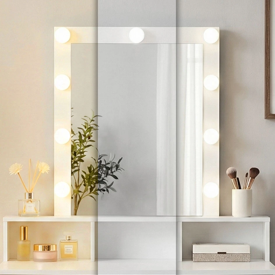 Kosmetinis staliukas su veidrodžiu ir LED apšvietimu, 3 spalvų ryškumo reguliavimas, ModernHome