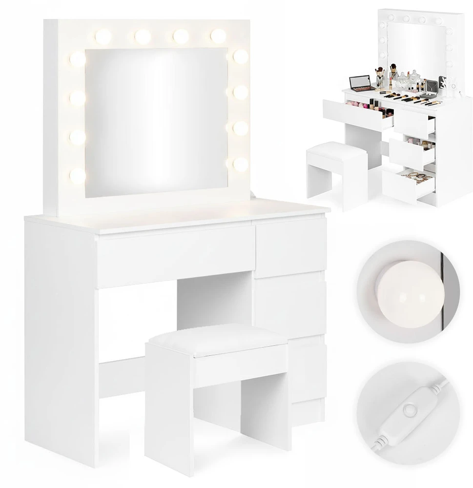 Tualetinis staliukas su veidrodžiu ir LED apšvietimu + taburetė ModernHome