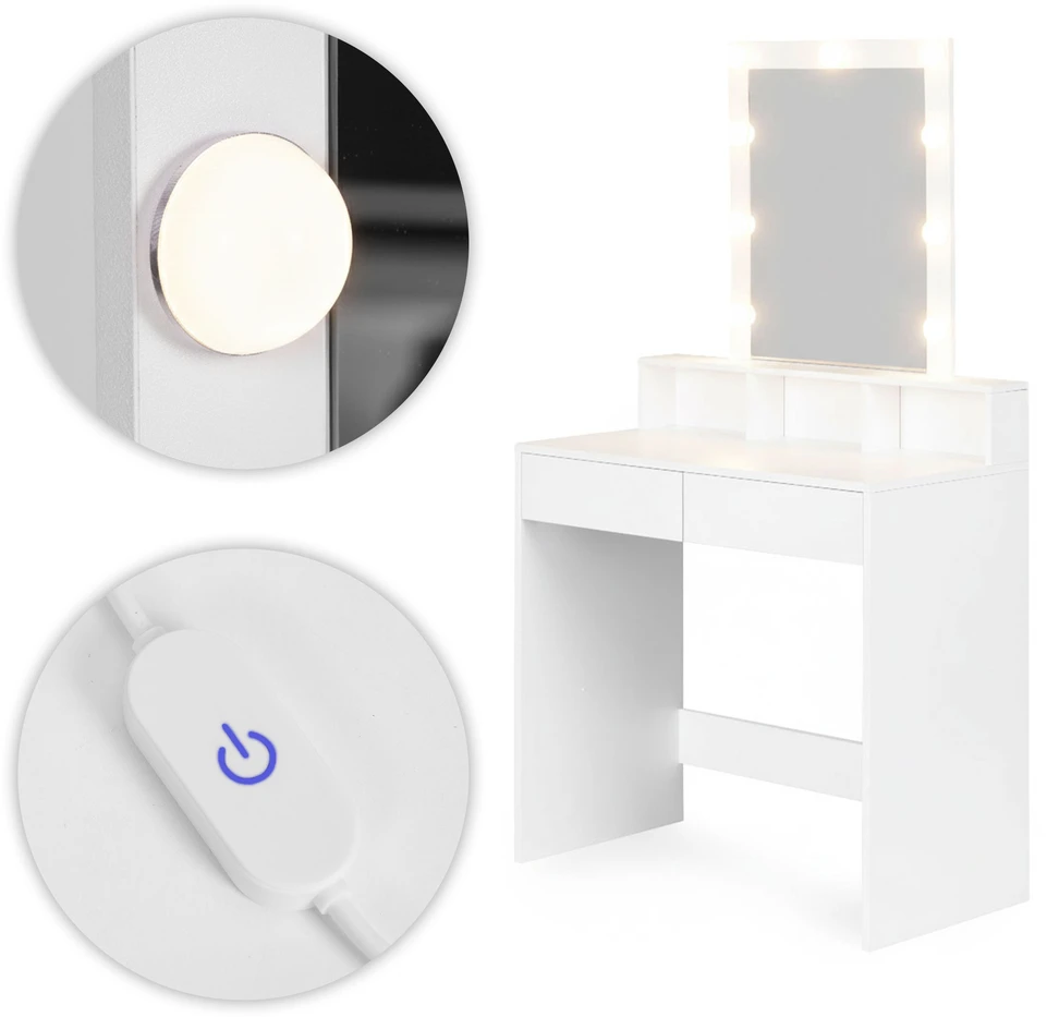 Kosmetinis staliukas su veidrodžiu ir LED apšvietimu, 3 spalvų ryškumo reguliavimas, ModernHome