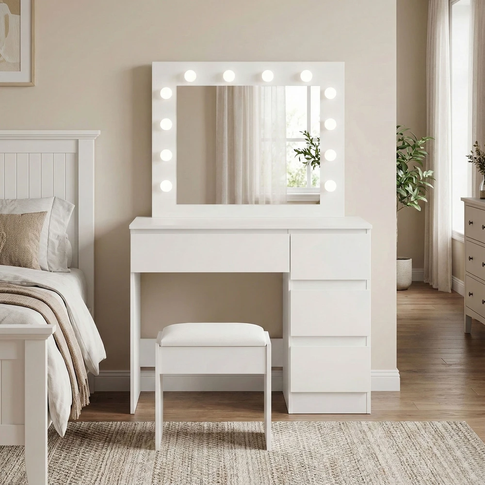 Tualetinis staliukas su veidrodžiu ir LED apšvietimu + taburetė ModernHome