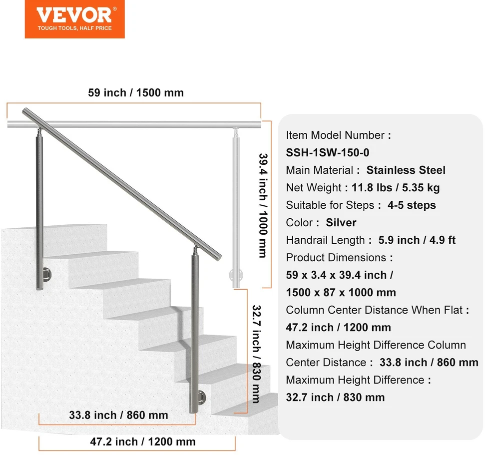 VEVOR 60 cm turėklai lauko laiptams