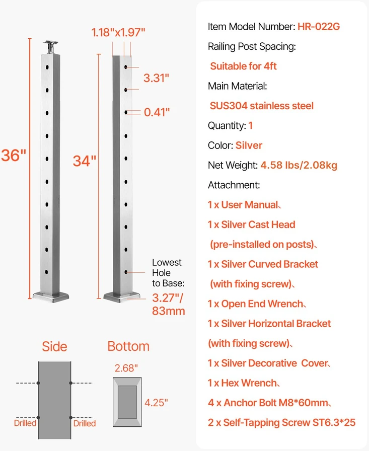 VEVOR nerūdijančio plieno laiptų turėklų stulpas 91 cm