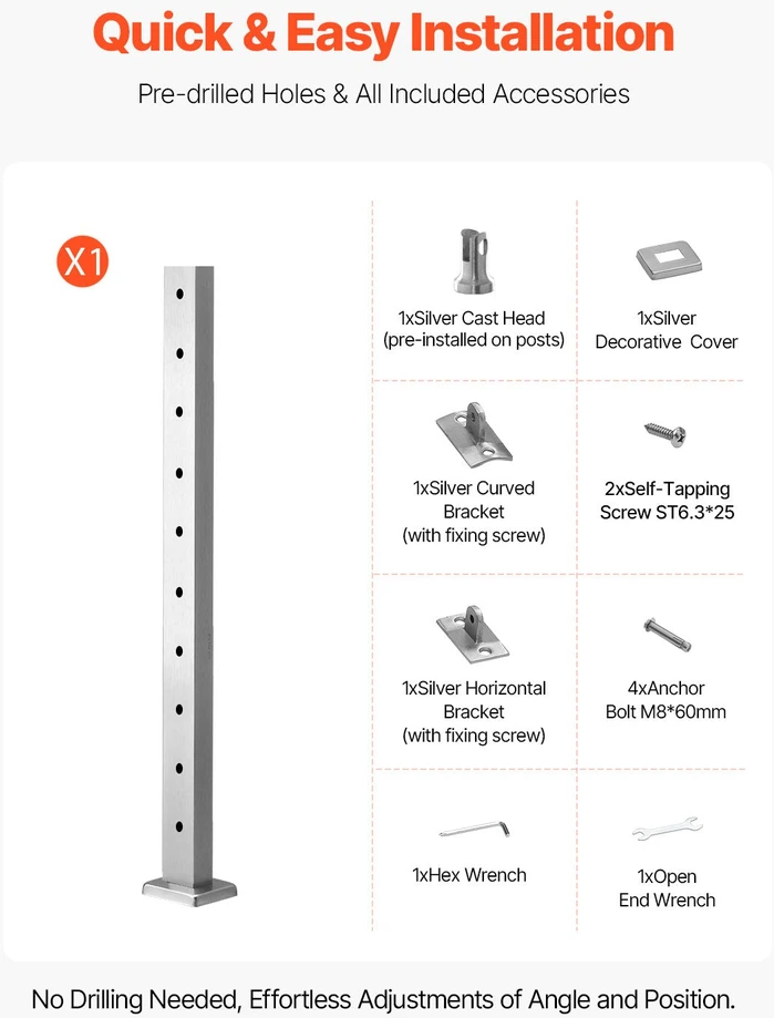 VEVOR nerūdijančio plieno laiptų turėklų stulpas 91 cm