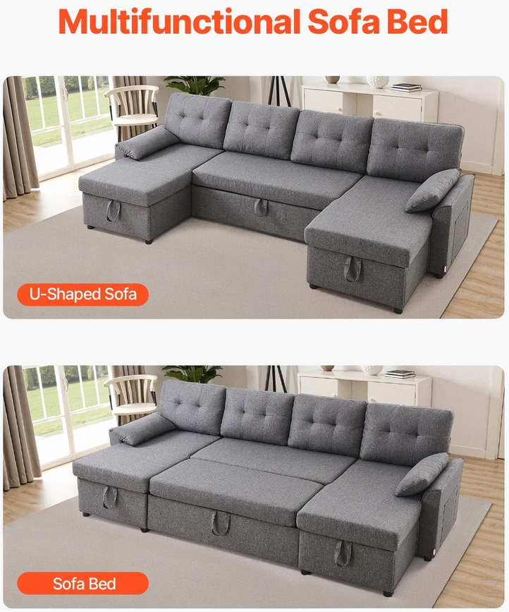 VEVOR U formos 6 vietų miegamoji sofa pilka