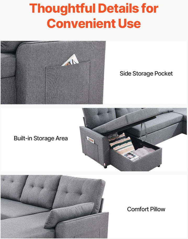 VEVOR U formos 6 vietų miegamoji sofa pilka