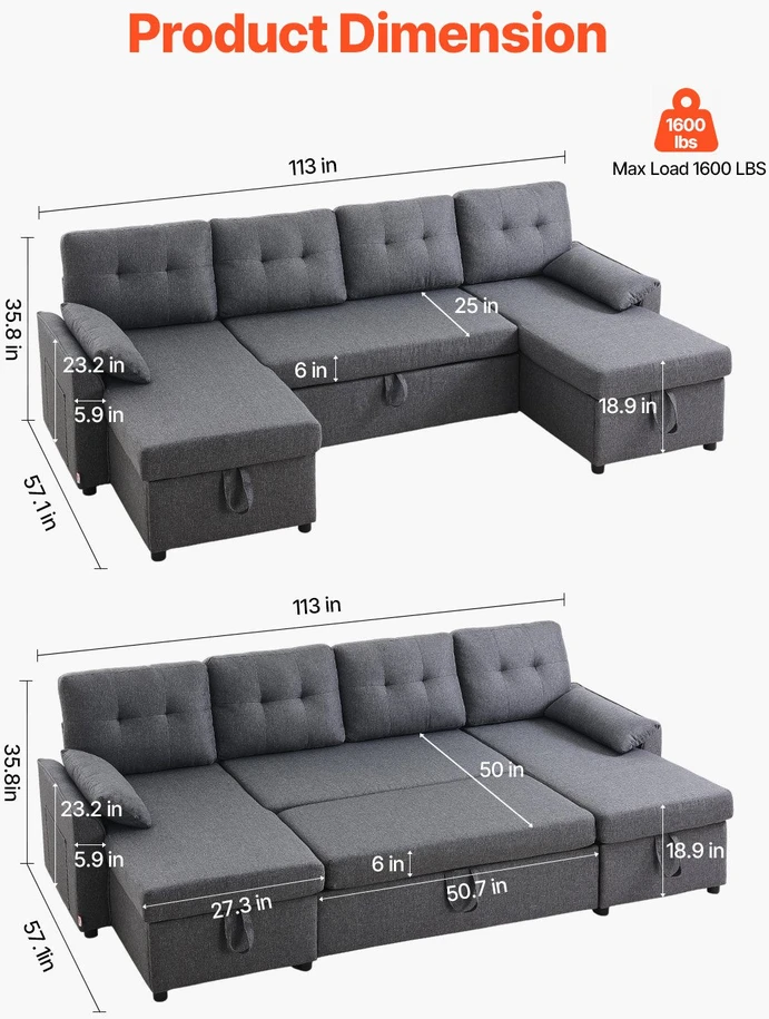 VEVOR U formos 6 vietų miegamoji sofa pilka