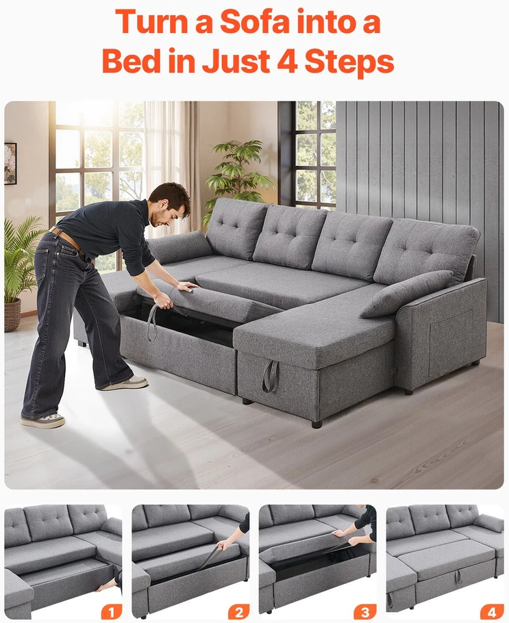 VEVOR U formos 6 vietų miegamoji sofa pilka