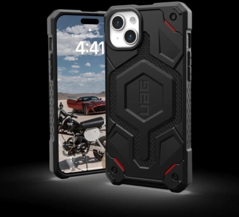 UAG Urban Armor Gear dėklas MONARCH, skirtas IPHONE 15 Plus, juodas, kevlarinis