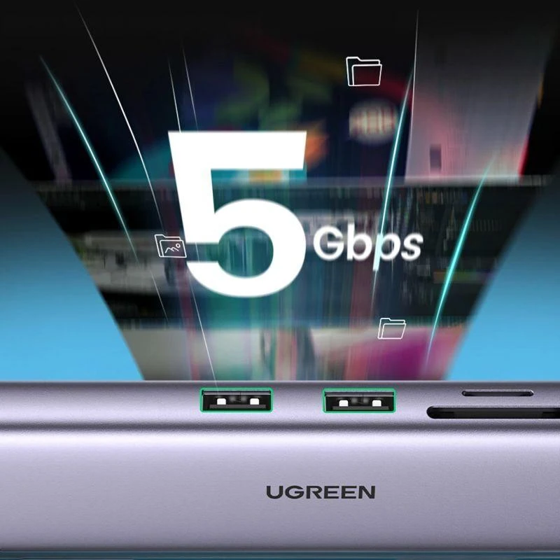 Adapterio šakotuvas UGREEN, USB-C iki 2x USB 3.0, HDMI, RJ45, SD/TF