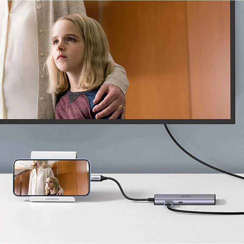 Adapterio šakotuvas UGREEN, USB-C iki 2x USB 3.0, HDMI, RJ45, SD/TF