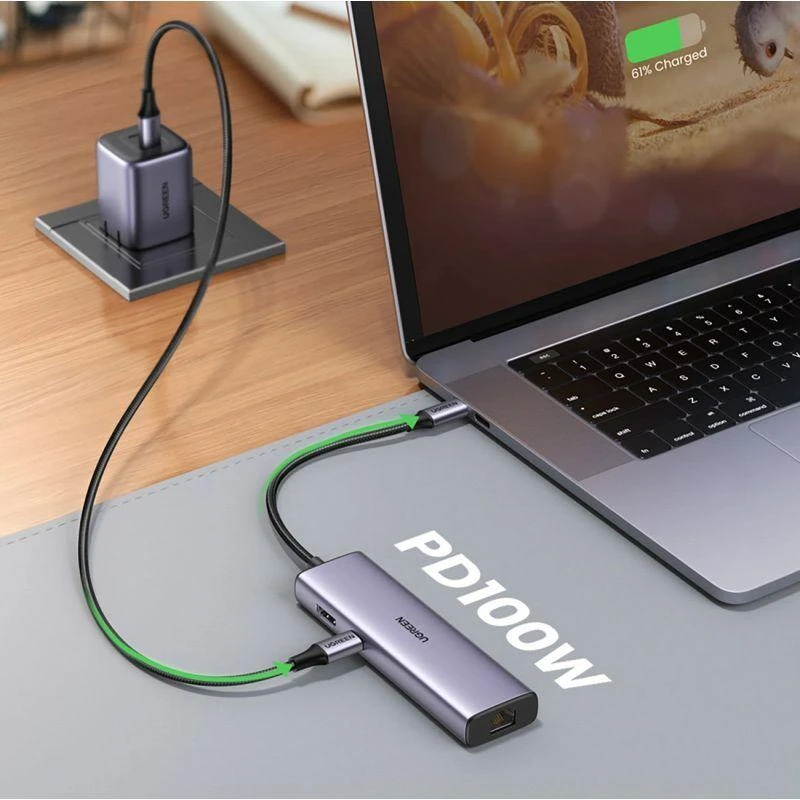 Adapterio šakotuvas UGREEN, USB-C iki 2x USB 3.0, HDMI, RJ45, SD/TF