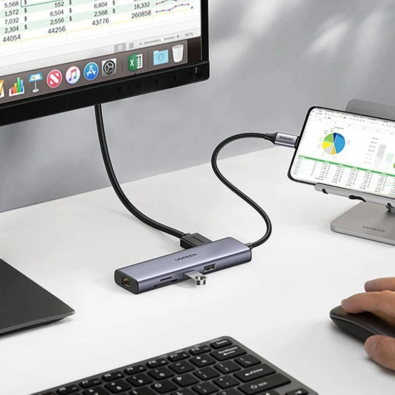 Adapterio šakotuvas UGREEN, USB-C iki 2x USB 3.0, HDMI, RJ45, SD/TF