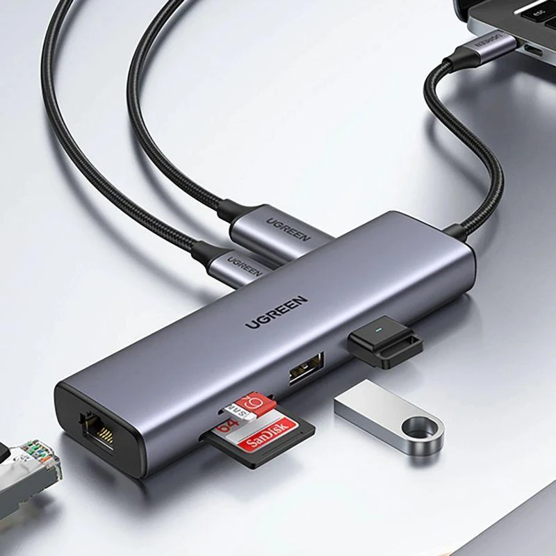 Adapterio šakotuvas UGREEN, USB-C iki 2x USB 3.0, HDMI, RJ45, SD/TF
