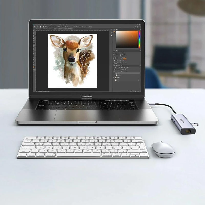 Adapterio šakotuvas UGREEN, USB-C iki 2x USB 3.0, HDMI, RJ45, SD/TF