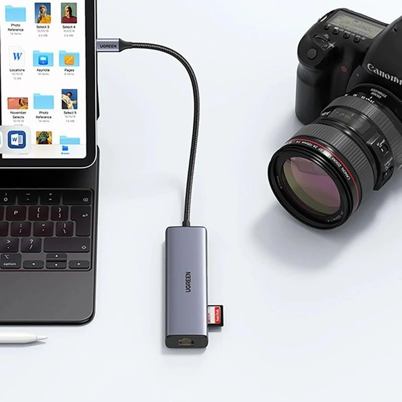 Adapterio šakotuvas UGREEN, USB-C iki 2x USB 3.0, HDMI, RJ45, SD/TF