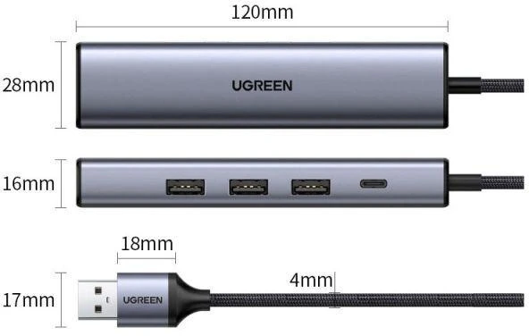 Ugreen daugiafunkcis USB 3.0 adapteris-HUB: 3x USB / Ethernet RJ-45 / USB Type-C PD, pilkas (CM475)