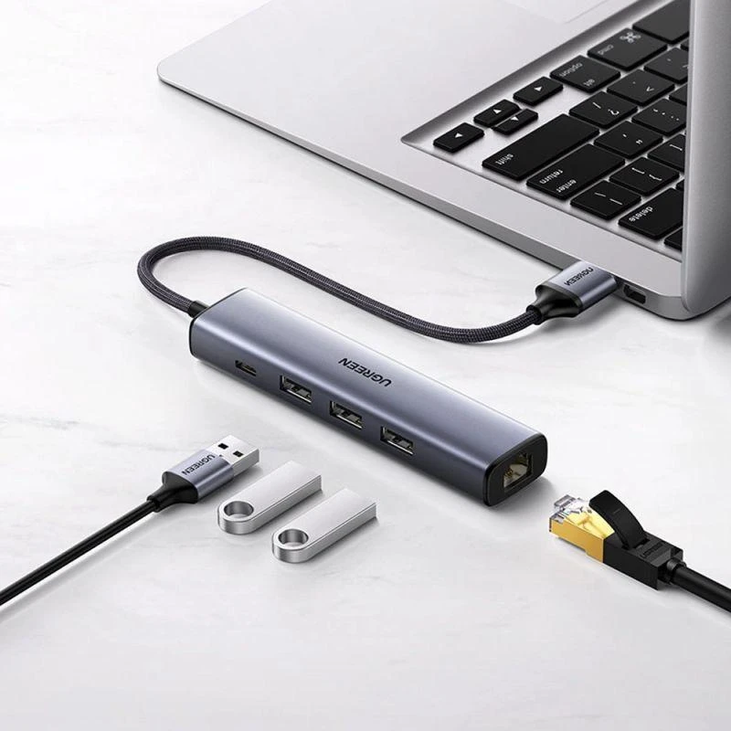 Ugreen daugiafunkcis USB 3.0 adapteris-HUB: 3x USB / Ethernet RJ-45 / USB Type-C PD, pilkas (CM475)