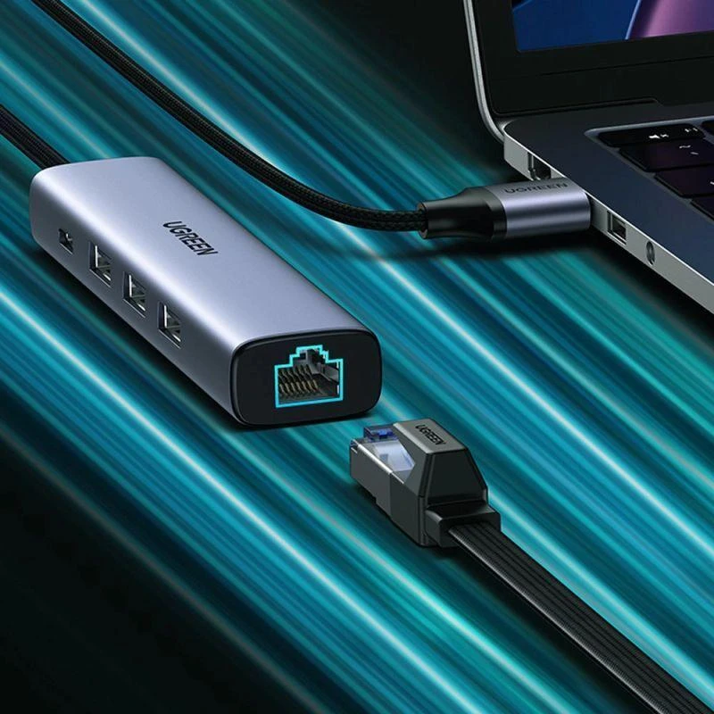 Ugreen daugiafunkcis USB 3.0 adapteris-HUB: 3x USB / Ethernet RJ-45 / USB Type-C PD, pilkas (CM475)