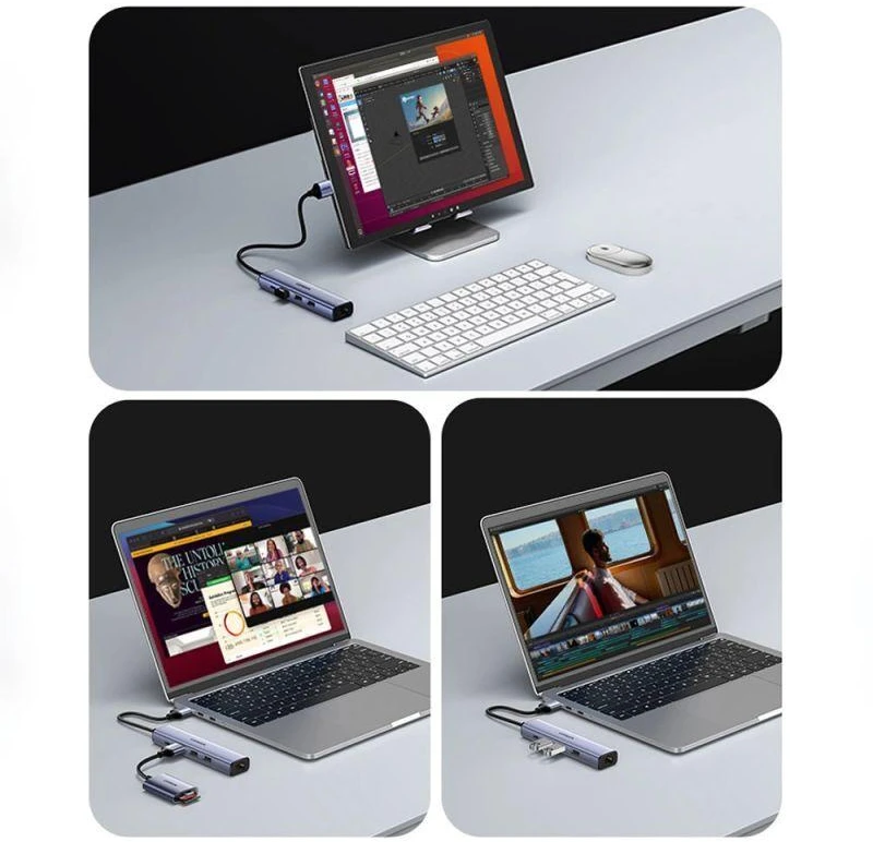 Ugreen daugiafunkcis USB 3.0 adapteris-HUB: 3x USB / Ethernet RJ-45 / USB Type-C PD, pilkas (CM475)