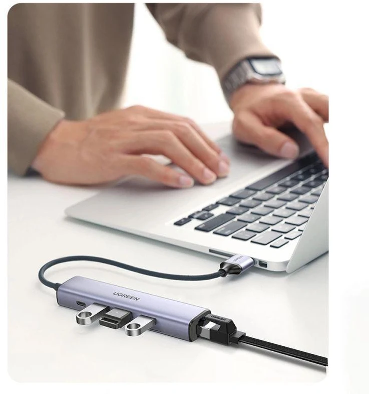 Ugreen daugiafunkcis USB 3.0 adapteris-HUB: 3x USB / Ethernet RJ-45 / USB Type-C PD, pilkas (CM475)