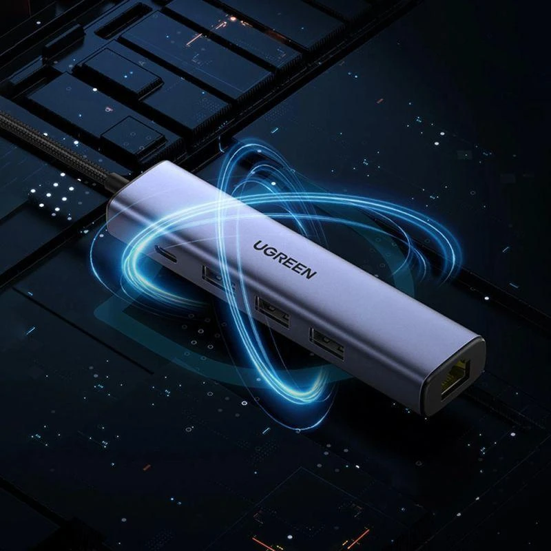 Ugreen daugiafunkcis USB 3.0 adapteris-HUB: 3x USB / Ethernet RJ-45 / USB Type-C PD, pilkas (CM475)