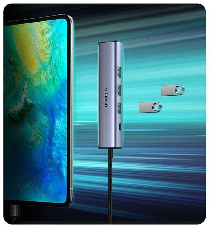 Ugreen daugiafunkcis USB 3.0 adapteris-HUB: 3x USB / Ethernet RJ-45 / USB Type-C PD, pilkas (CM475)