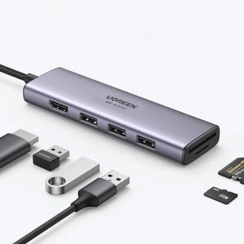 UGREEN CM511 5-in-1 adapteris šakotuvas USB-C – 3x USB3.0 HDMI TF/SD