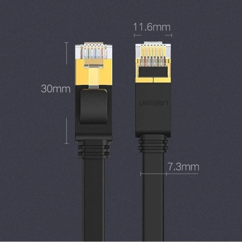 Plokščias tinklo kabelis UGREEN NW106 Ethernet RJ45, Cat.7, STP, 10m (juodas)