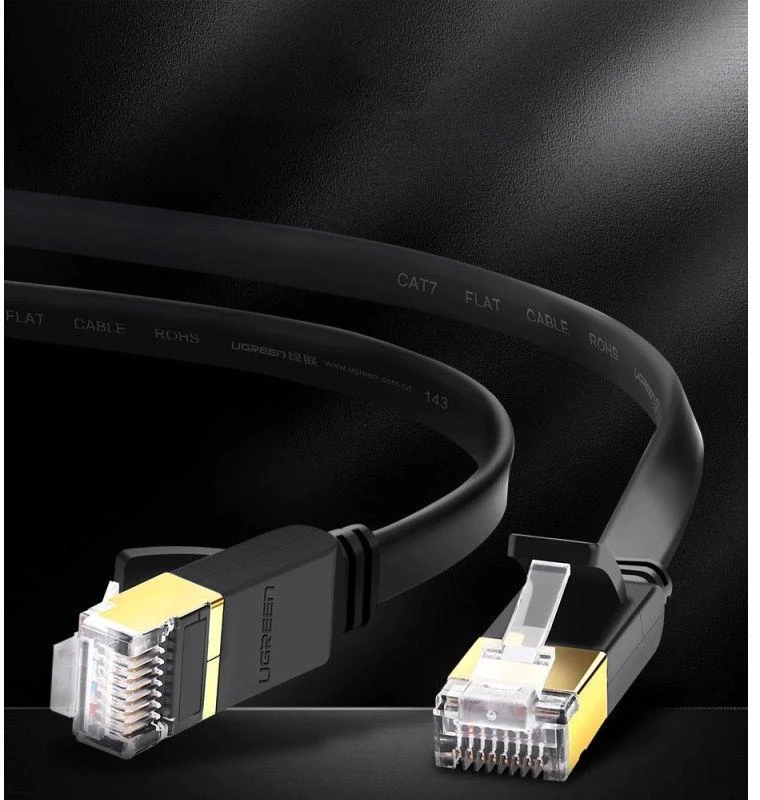 Plokščias tinklo kabelis UGREEN NW106 Ethernet RJ45, Cat.7, STP, 10m (juodas)