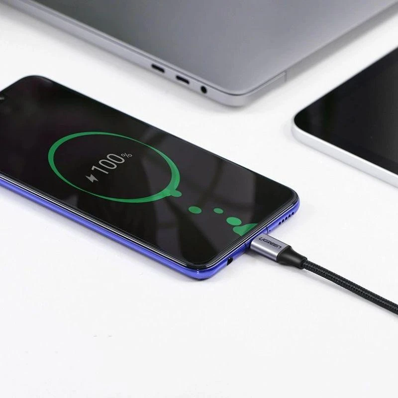 Ausinės Ugreen US255 50125 USB-C (tiesus) / USB-C (kampinis) PD QC laidas 60W 3A 2m - pilkas