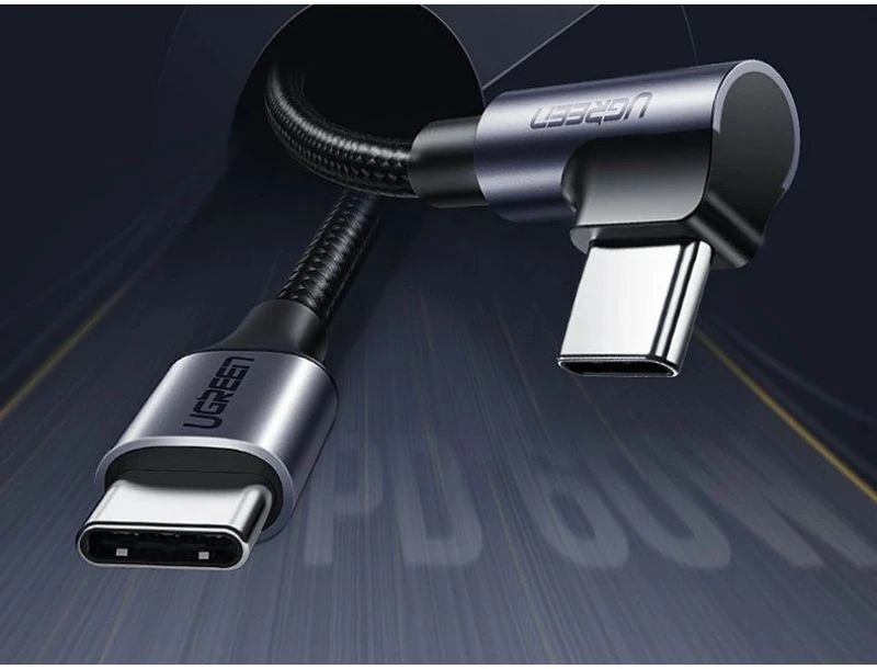 Ausinės Ugreen US255 50125 USB-C (tiesus) / USB-C (kampinis) PD QC laidas 60W 3A 2m - pilkas