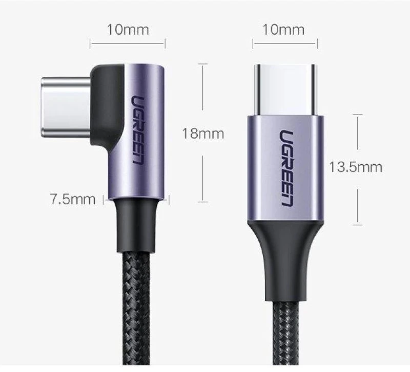 Ausinės Ugreen US255 50125 USB-C (tiesus) / USB-C (kampinis) PD QC laidas 60W 3A 2m - pilkas