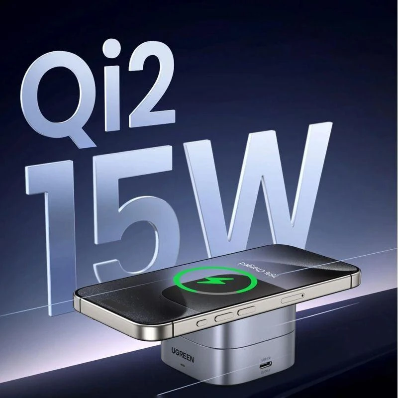 Ugreen W702 3in1 indukcinis įkroviklis su MagSafe / Qi2 ir USB-C jungtimi telefonui / ausinėms – juodos spalvos