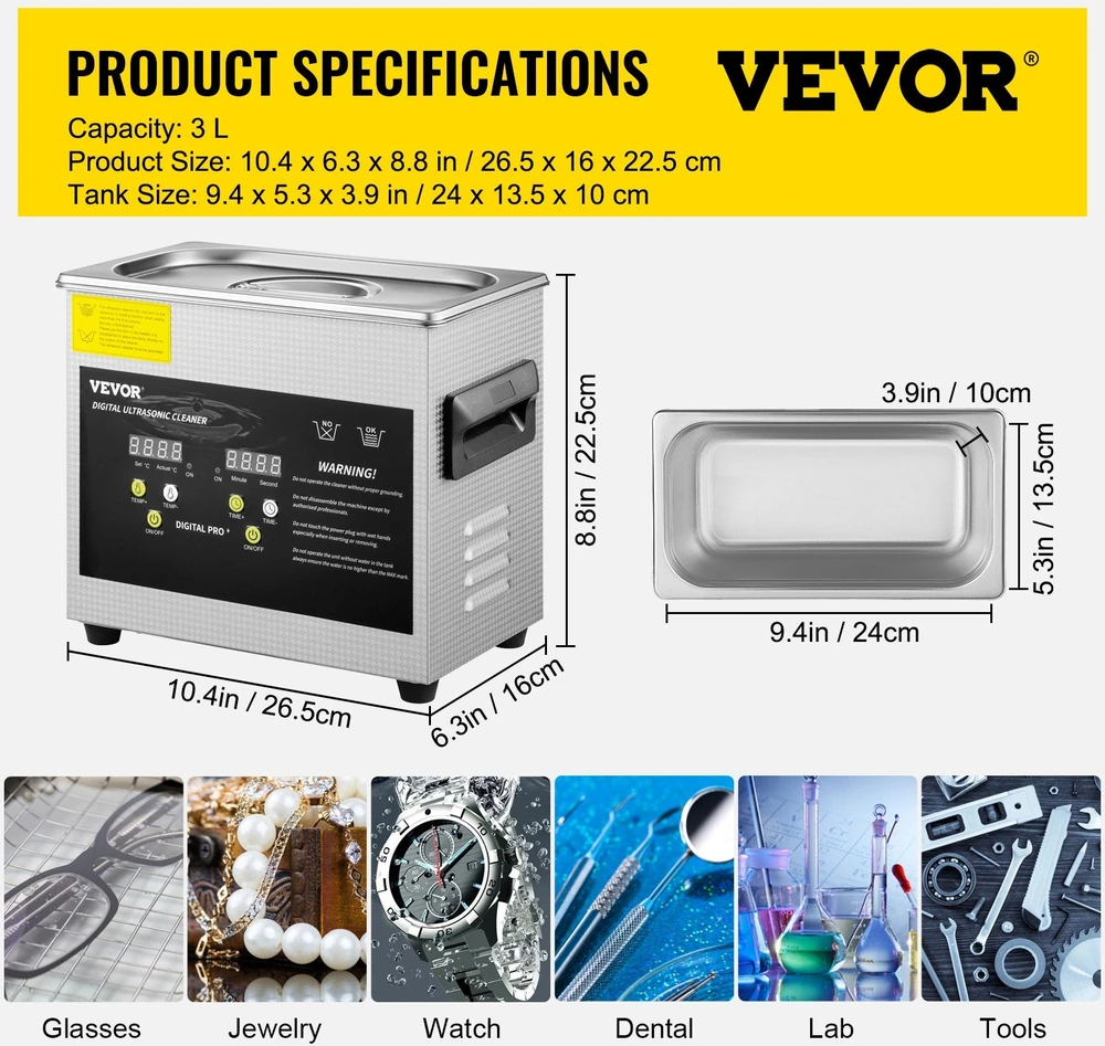 VEVOR 3L ultragarsinis valymo įrenginys su šildytuvu