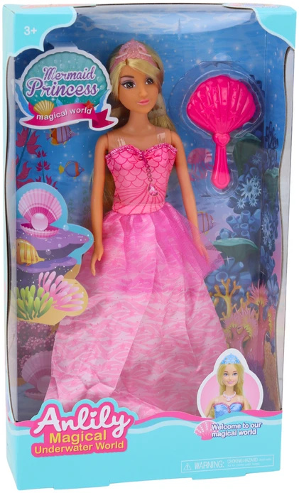 Lean Toys Anlily undinėlė princesė lėlė su rožine suknele ir šepečiu