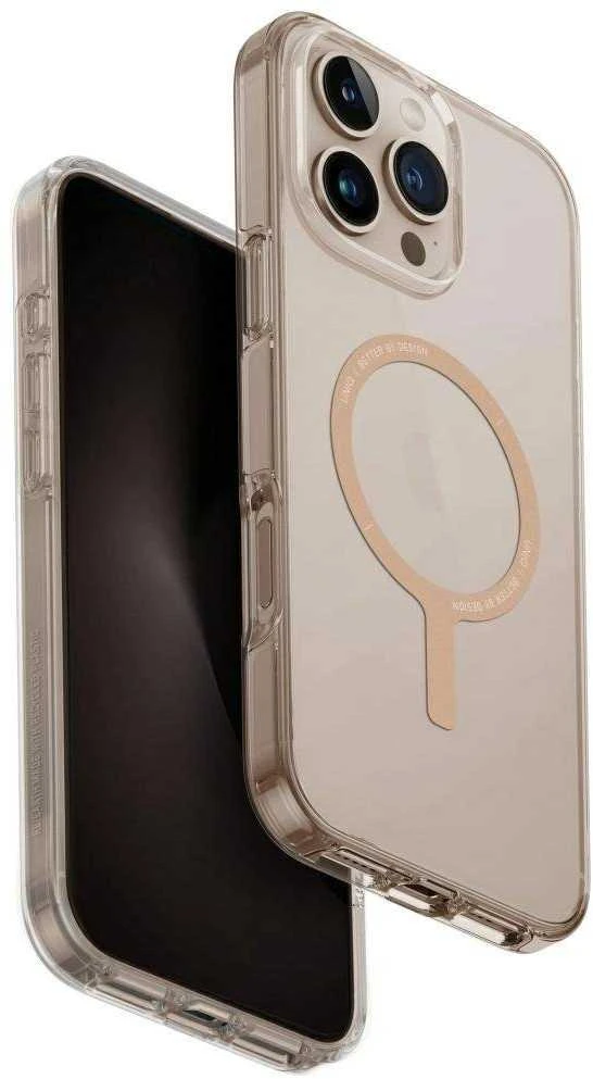 Uniq Clario Magclick įkrovimo dėklas, skirtas iPhone 16 Pro Max – skaidrus auksinis