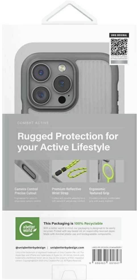 Uniq Combat Active Magclick įkrovimo dėklas, skirtas iPhone 16 Pro – pilkas
