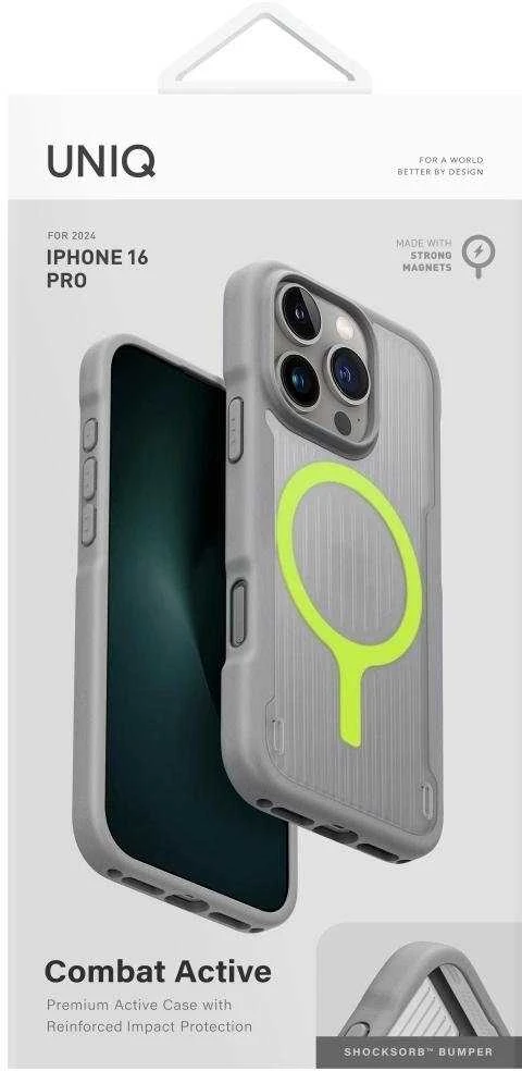 Uniq Combat Active Magclick įkrovimo dėklas, skirtas iPhone 16 Pro – pilkas