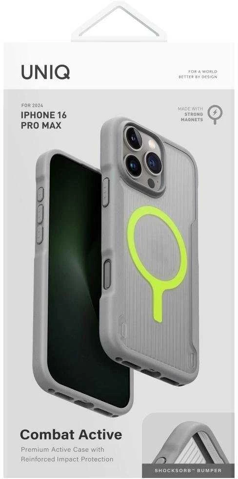 Uniq Combat Active Magclick įkrovimo dėklas, skirtas iPhone 16 Pro Max – pilkas