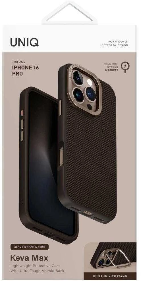 Uniq Keva Max Magclick įkrovimo kameros stovo dėklas, skirtas iPhone 16 Pro – rudas